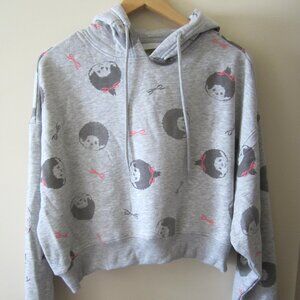 Monchhichi Grey Cropped Hooded Sweat Shirt Bow Ribbon, NEW
